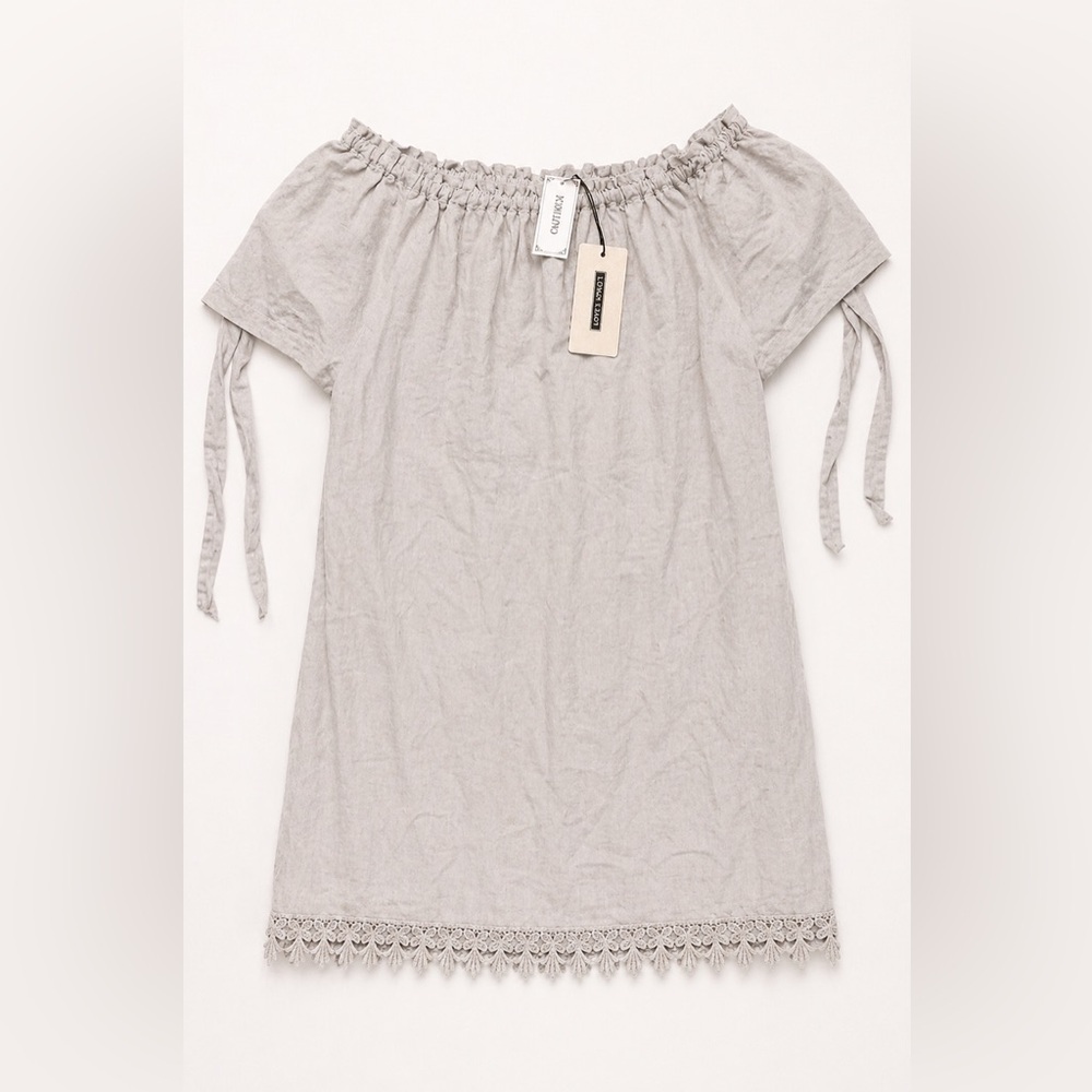 Tan Off Shoulder Crochet Hem Dress